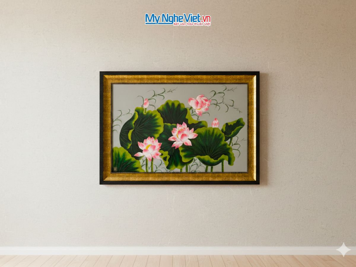 Tranh sơn mài hoa sen độc bản đắp nổi