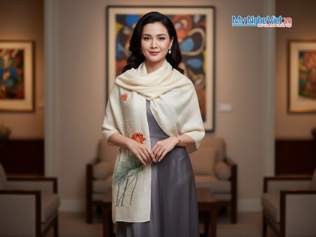 Khăn lụa đũi 100% tơ tằm họa tiết hoa sen thêu tay
