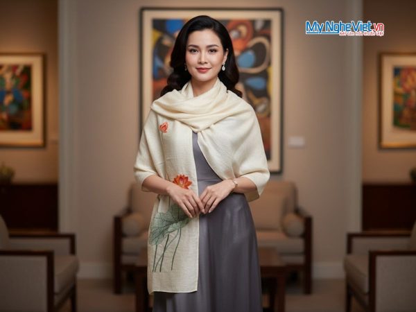 Khăn lụa đũi 100% tơ tằm họa tiết hoa sen thêu tay