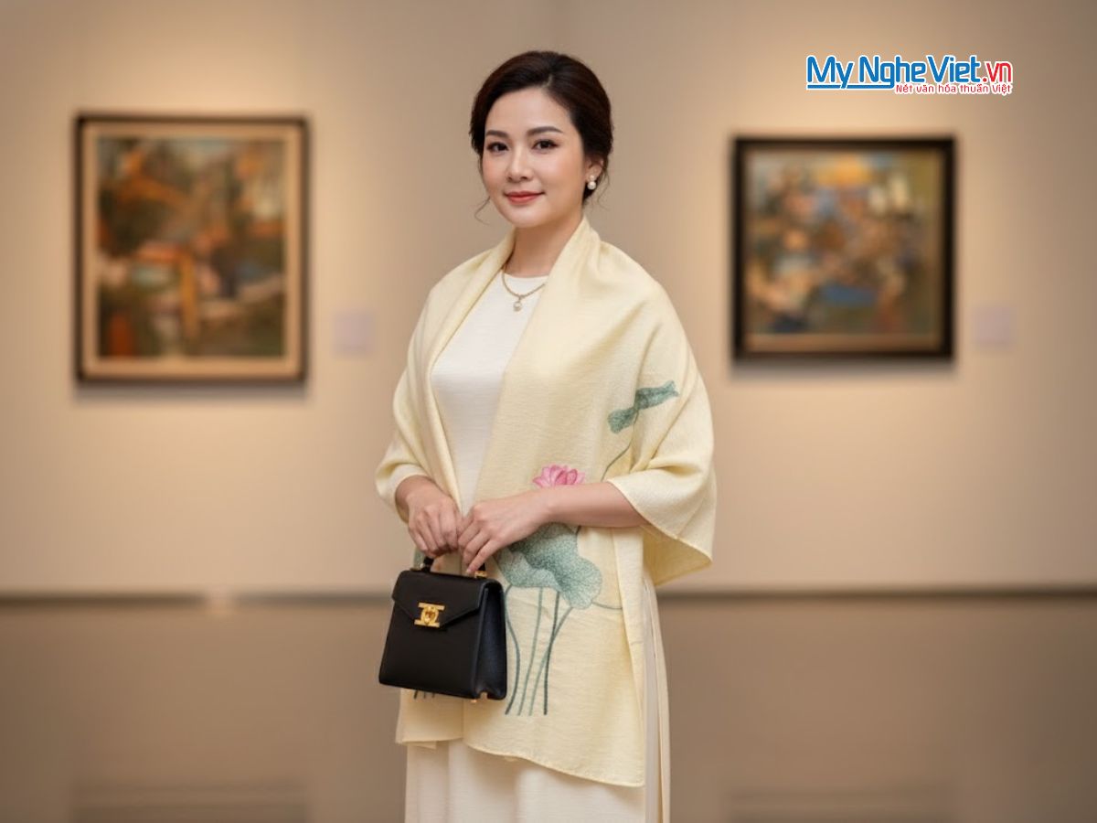 Khăn lụa đũi 100% tơ tằm họa tiết hoa sen thêu tay cao cấp