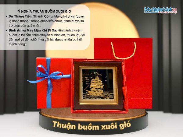 Tranh đồng thuận buồm dát vàng 24k nền đen và Hộp quà tặng cao cấp