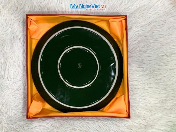 Tranh đĩa gốm Bát Tràng hoa sen xanh đắp nổi - Quà sang trọng