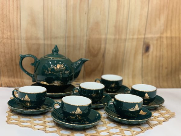 Bộ bình trà, ấm chén dáng bưởi- ngọn đuốc vẽ sen cổ vịt- viền vàng kim