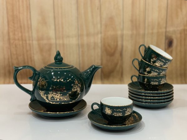 Bộ bình trà, ấm chén dáng bưởi- ngọn đuốc vẽ đồng quê xanh cổ vịt- viền vàng kim
