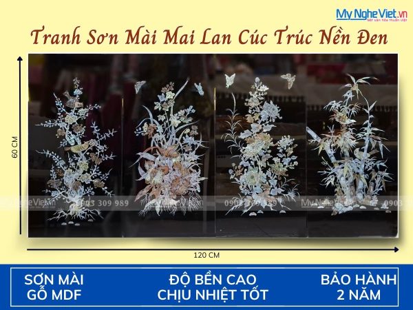 Bộ Tranh Sơn Mài Mai Lan Cúc Trúc Nền Đen Cẩn Ốc Chìm