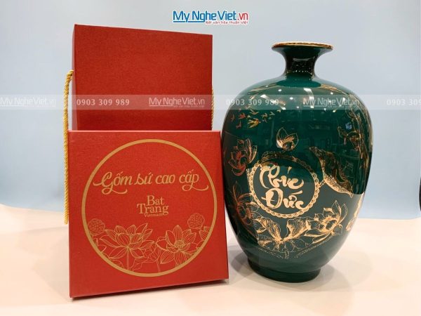 Bình Thu Tài Lộc Gốm Men Xanh Chữ "Phúc Đức" LHGML02.1