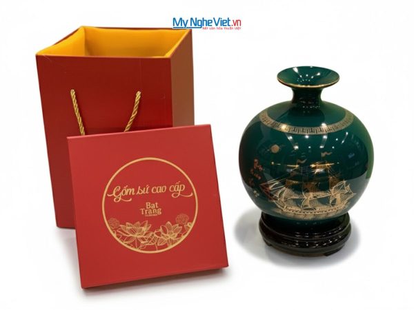Lọ thu Tài hút Lộc Gốm Bát Tràng Màu Xanh Bộ Đội Và Đế Gỗ LHGTT01-3.2