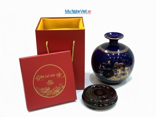 Lọ thu Tài hút Lộc Gốm Bát Tràng Màu Xanh Coban Và Đế Gỗ LHGTT01-3.1