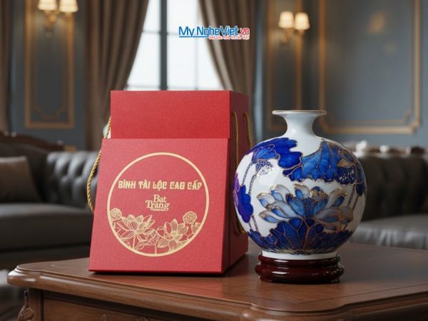 Bình thu hút tài lộc gốm Bát Tràng cao cấp vẽ vàng kim họa tiết hoa sen đắp nổi MNV-VBT22.1