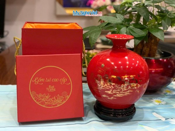 Bình thu tài hút lộc Mã đáo vàng kim nền đỏ MNV-HBT22/7.1