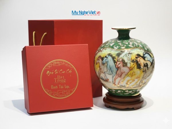 Bình thu tài hút lộc gốm Bát Tràng vẽ mã đáo thành công đắp nổi MNV-VBT25 - Quà tặng cao cấp