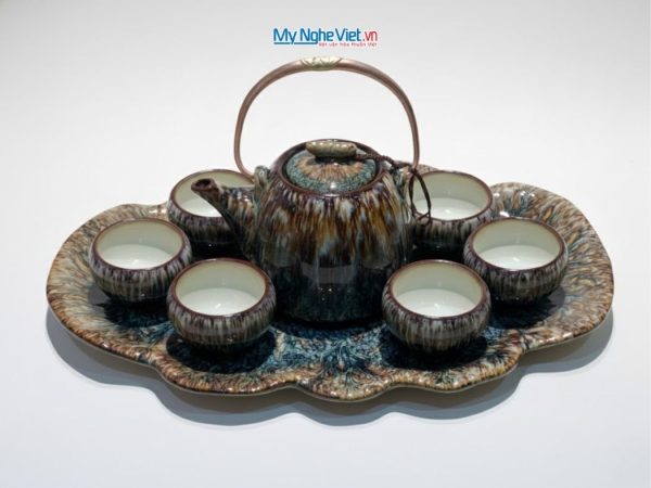 Bộ bình trà, ấm chén dáng siêu nham thạch men hỏa biến nâu lòng trắng khay xếp MNV-BTH11.2