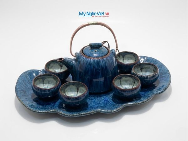 Bộ bình trà, ấm chén dáng siêu nham thạch men hỏa biến xanh lòng hoa khay xếp MNV-BTH11.1