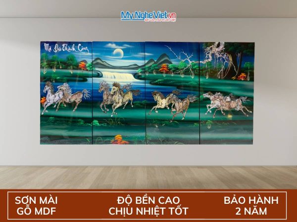 Bộ Tranh Sơn Mài Mã Đáo Cẩn Chìm nền Xanh TSM368.3