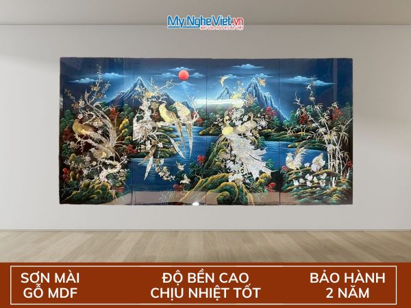 Tranh bộ công gà chim két nền xanh TSM486-1