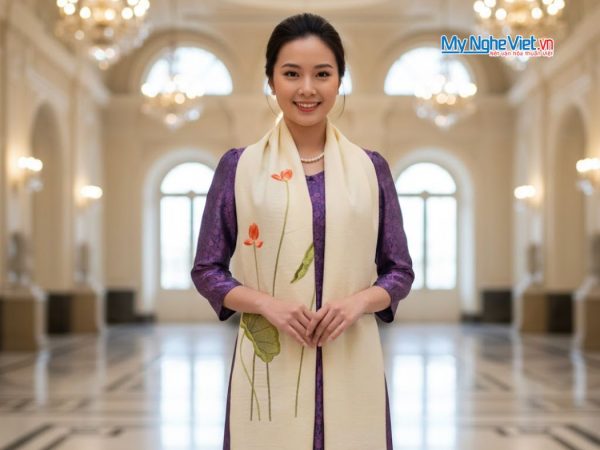 Khăn lụa đũi họa tiết hoa sen thêu tay màu kem 100% silk cao cấp KLNC40200/7