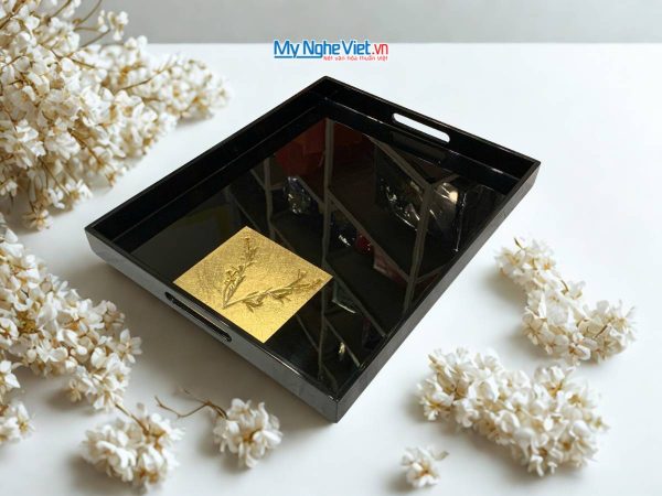 Khay sơn mài dát vàng lá cây nền đen KSMTN34-4