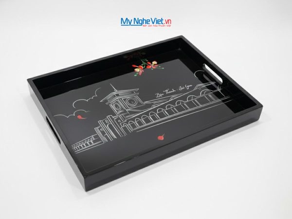 Khay sơn mài cao cấp vẽ Chợ Bến Thành Nền Đen - Lacquer Trays KSMHD01