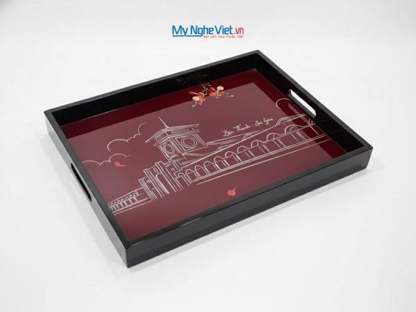 Khay sơn mài cao cấp vẽ Chợ Bến Thành Nền Đỏ - Lacquer Trays KSMHD01.1