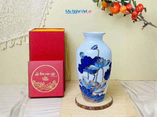 Bình hoa gốm bát tràng vẽ vàng kim hoa sen đắp nổi cao cấp LHGML01-3