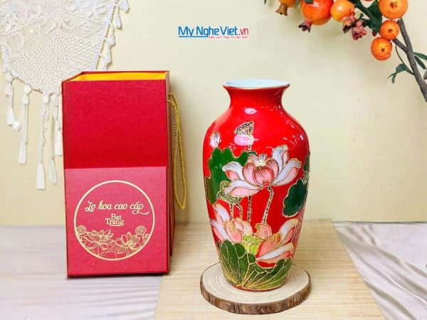 Bình hoa gốm bát tràng vẽ vàng kim hoa sen đắp nổi cao cấp LHGML01-4