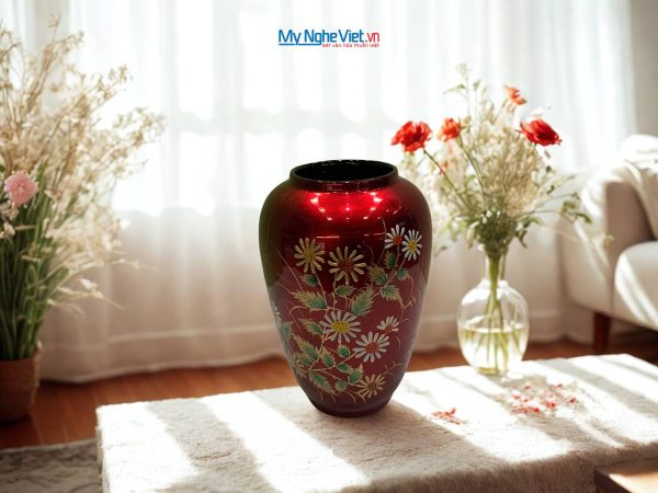 Lọ hoa sơn mài hoa cúc đắp nổi phù điêu MNV-SMDH25-2