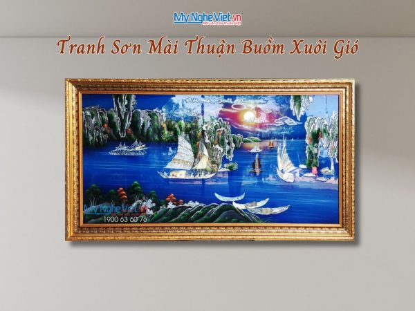 Tranh sơn mài Thuận Buồm Xuôi Gió cẩn ốc khung vàng MNV-TSM9179-2