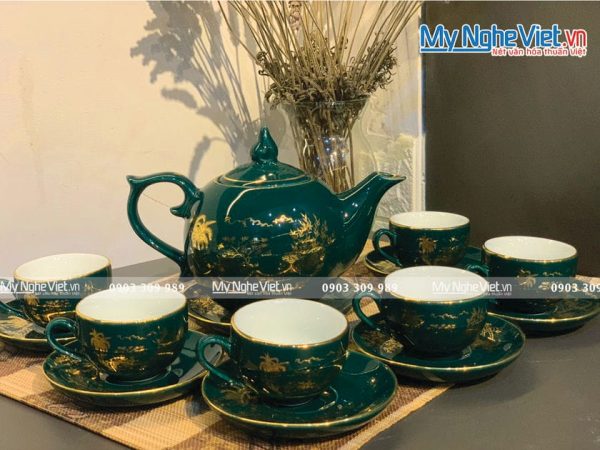 Bình trà, ấm chén Bát Tràng Đồng Quê Viền Kim