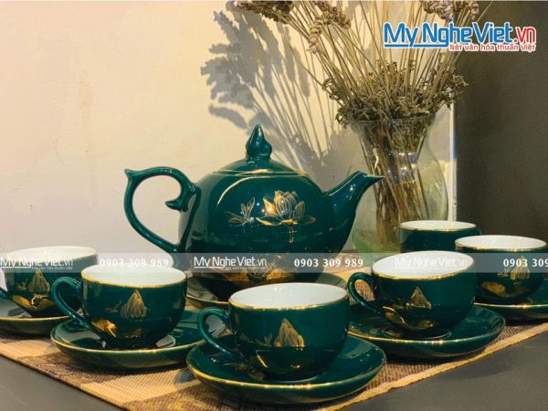 Bình trà, ấm chén Bát Tràng Hoa Sen Viền Kim