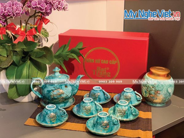 Bộ bình trà, ấm chén Bát Tràng Men Vân Đá Thuận Buồm Xuôi Gió