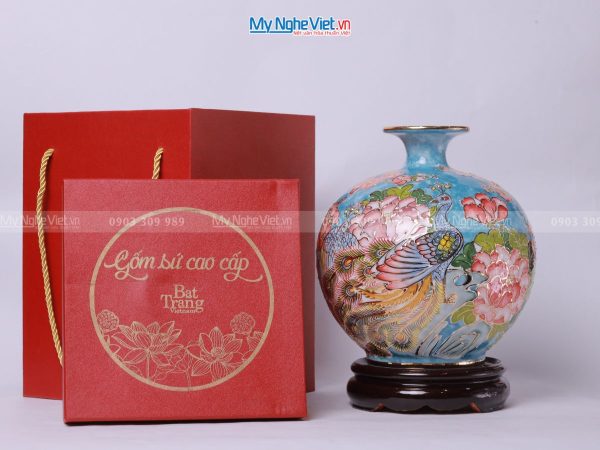 Bình Hút Lộc Bát Tràng Chim Công - Hoa Sen MNV-VBT22