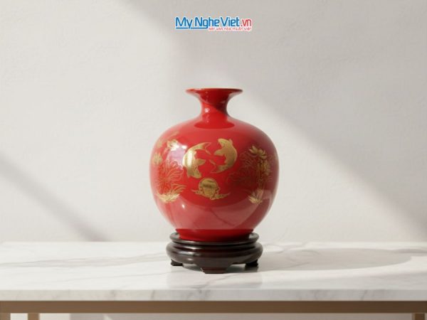 Bình hút tài lộc Chữ Phúc cá sen vàng kim nền đỏ MNV-HBT22/7.4