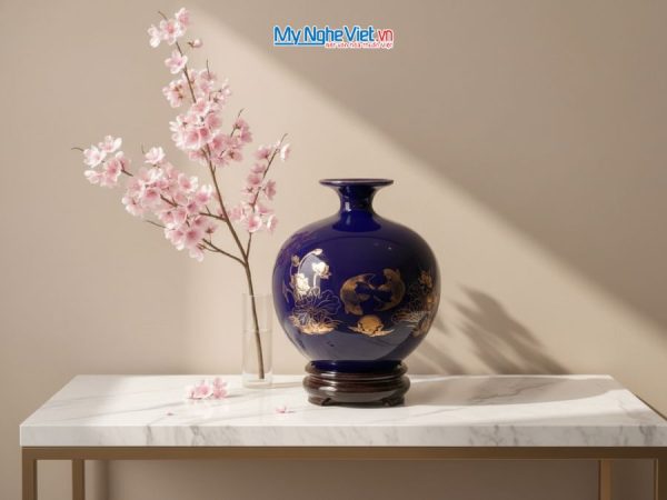 Bình hút tài lộc Lý ngư vọng nguyệt vàng kim nền xanh coban MNV-HBT22/7.2