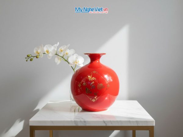 Bình hút tài lộc vẽ nhị cảnh cá sen - vạn sự như ý nền đỏ MNV-HBT18/3.6