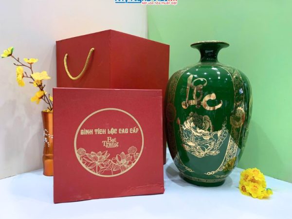 Bình thu tài hút lộc dáng cao bổ khung Lộc nền xanh lục LHGML03-3
