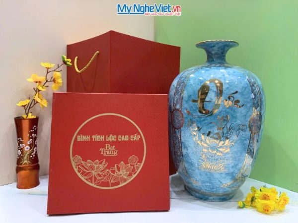 Bình thu tài hút lộc dáng cao vân đá xanh chữ Đức LHGML02-3