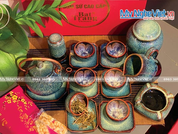 Bộ Bình Trà, ấm chén Men Hỏa Biến quả hồng gold + Phụ kiện