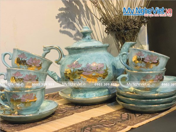 Bộ bình trà, ấm chén Bát Tràng Men Vân Đá Hoa Sen