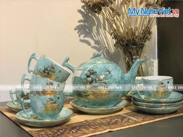 Bộ Bình Trà, ấm chén Dáng Bưởi Cát Tường Vàng Kim