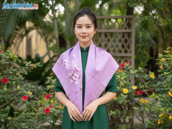 Khăn lụa vuông tơ tằm màu tím vẽ hoa MNV-PT8585/5
