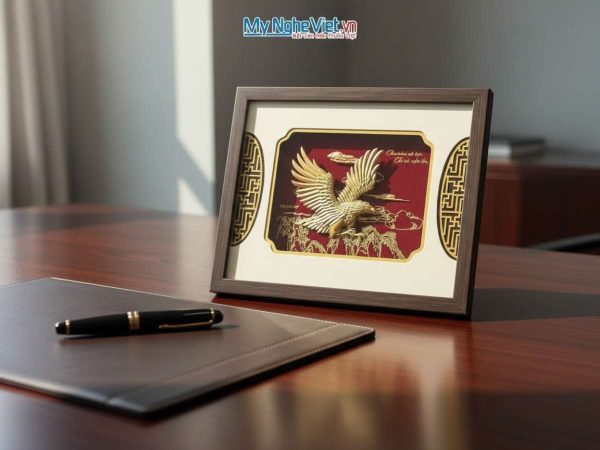 Tranh đại bàng dát vàng để bàn 24k và Hộp xilot đỏ - MNVHD04.7