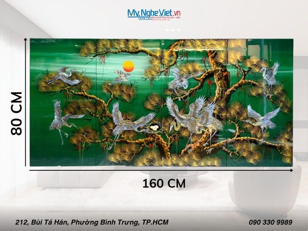 Bộ tranh sơn mài tùng cò lá xanh cẩn ốc nổi cao cấp TSM4080TC-1.1