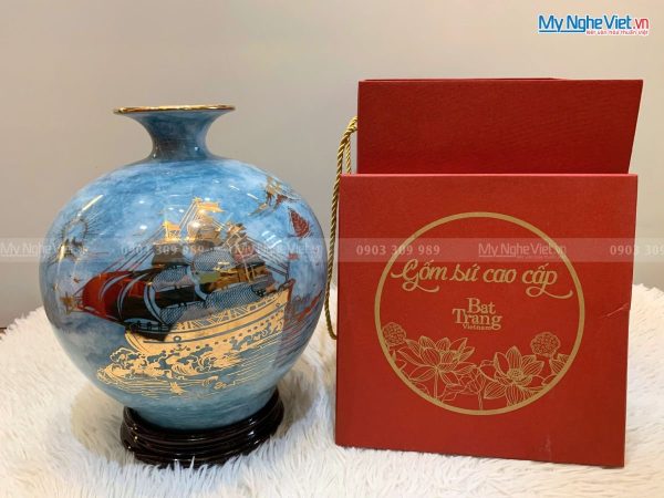 Bình thu tài hút lộc men vân đá màu xanh dương Thuận Buồm Xuôi Gió H25cm