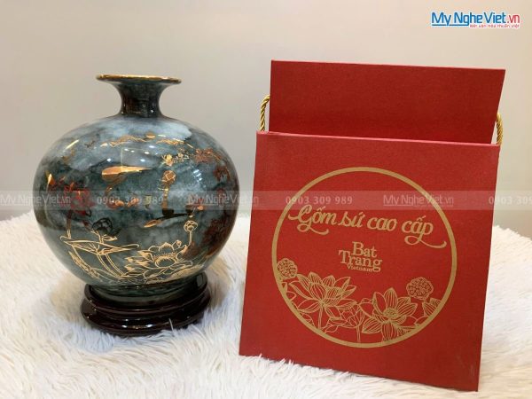 Bình thu tài hút lộc men vân đá Tài Lộc Phúc Đức H22cm