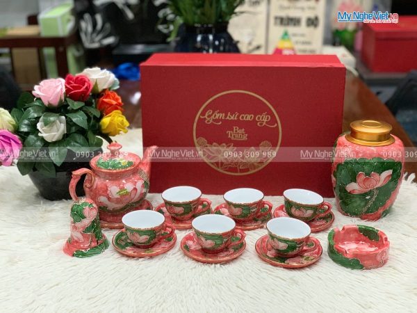 Bộ Ấm Chén Men Vân Đá Đắp Nổi Hoa Sen Cao Cấp